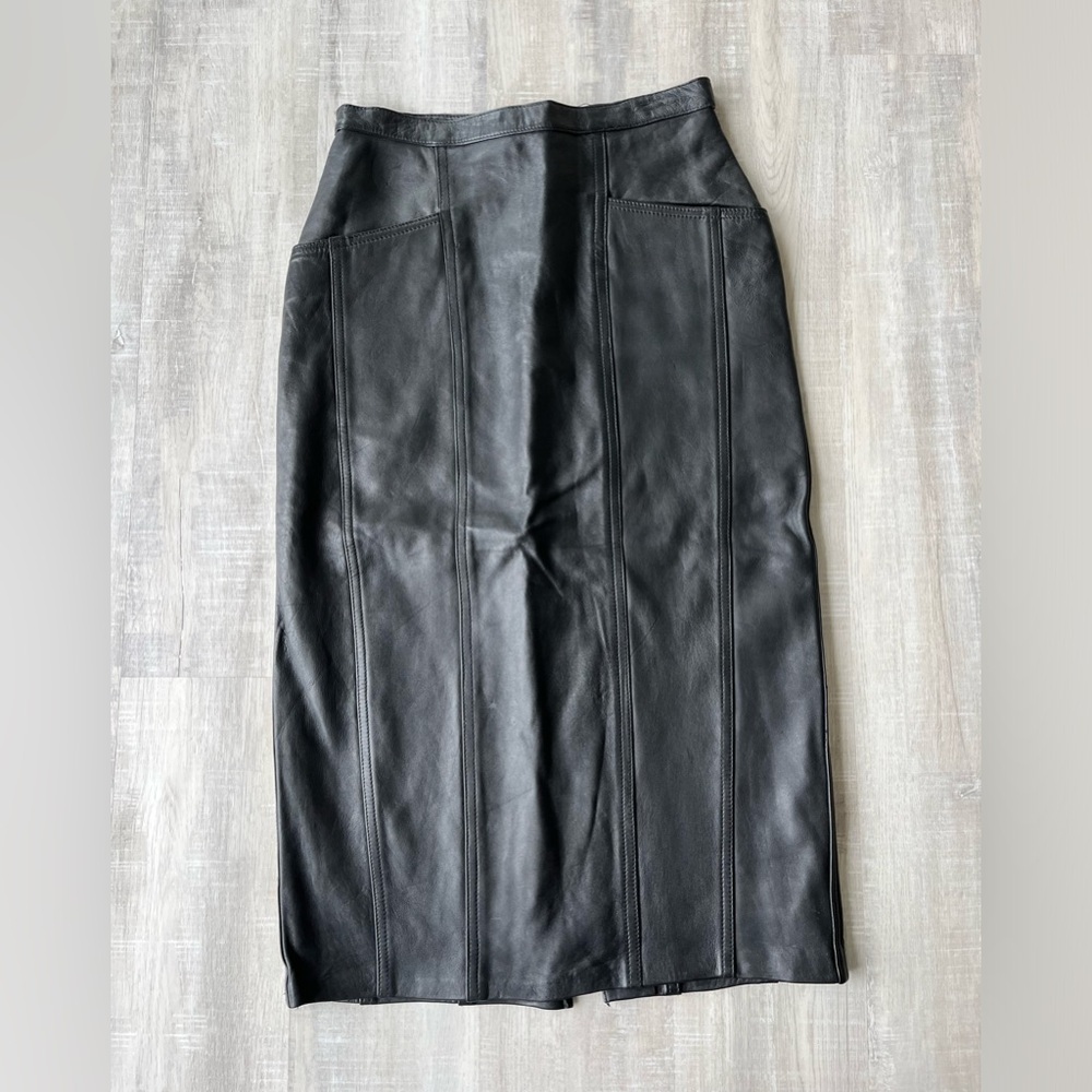 FRONT PAGE Genuine Soft Black Leather Lined Mid-Length Pencil Skirt Size 6
